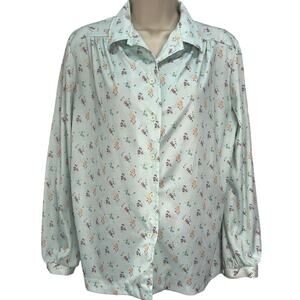 Vintage Nikki Button Down Blouse Flowers Blue 70s Size M Long Sleeve Disco